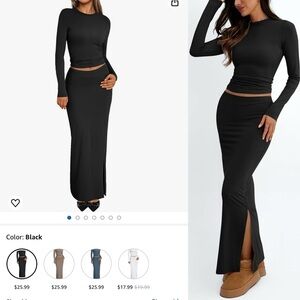 048 Trendy Queen | NWOT Set Black Long‑Sleeve Crop Top & Maxi Skirt (Size M)